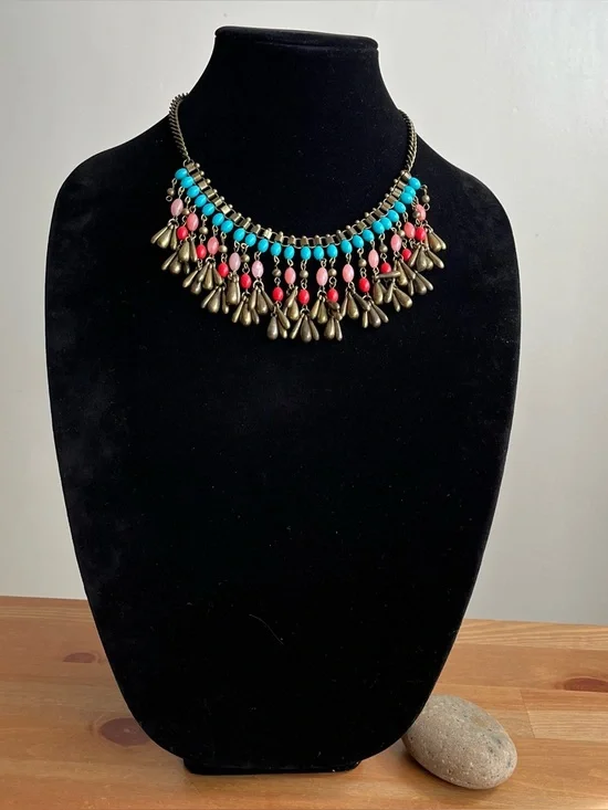 Antique-style brass beaded statement necklace with boho-style dangling charms - Picture 1 of 8